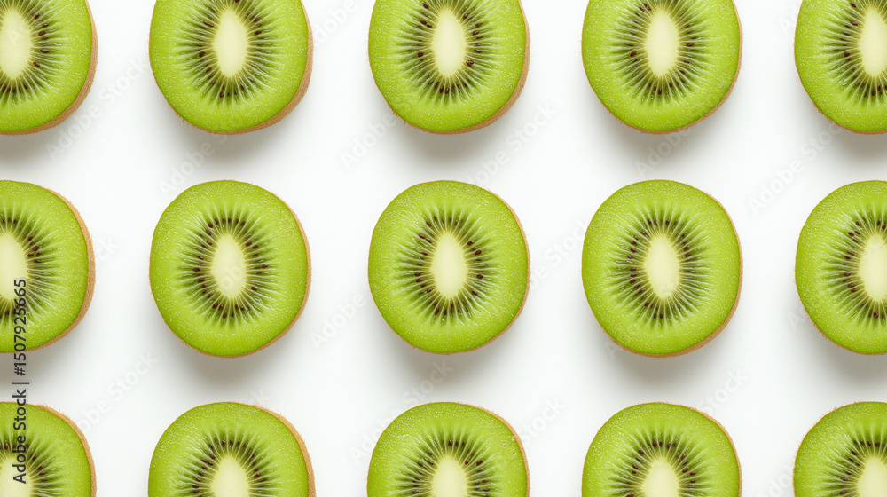 Poster top view of neatly arranged sliced kiwi halves on a white background, showcasing vibrant green color