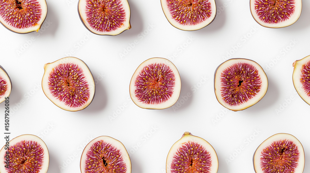 Poster halved ripe figs with red pulp and seeds arranged in a pattern on a white background.