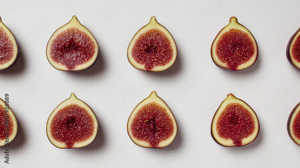 Poster halved ripe figs with red pulp and seeds arranged in a pattern on a white background.