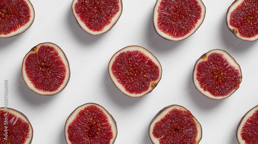 Poster halved ripe figs with red pulp and seeds arranged in a pattern on a white background.