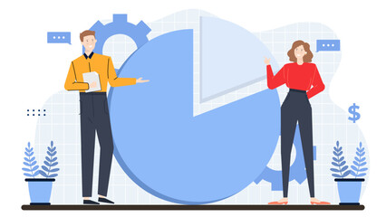 Two people beside a blue pie chart. Ideal for financial reports, business presentations, data analysis visuals, and teamwork concepts.