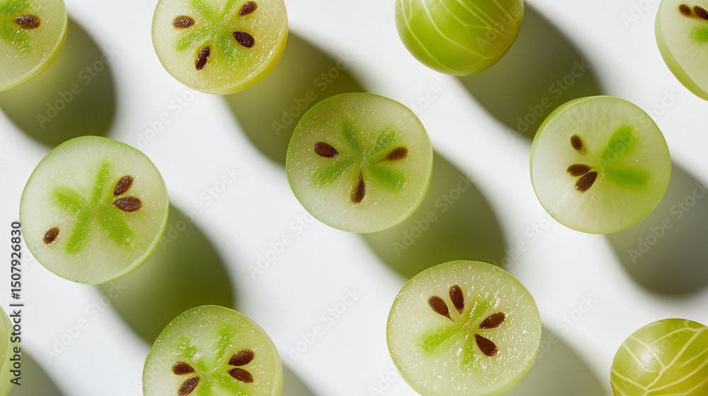 Poster close-up of halved green gooseberries arranged in a geometric pattern with visible seeds and shadows