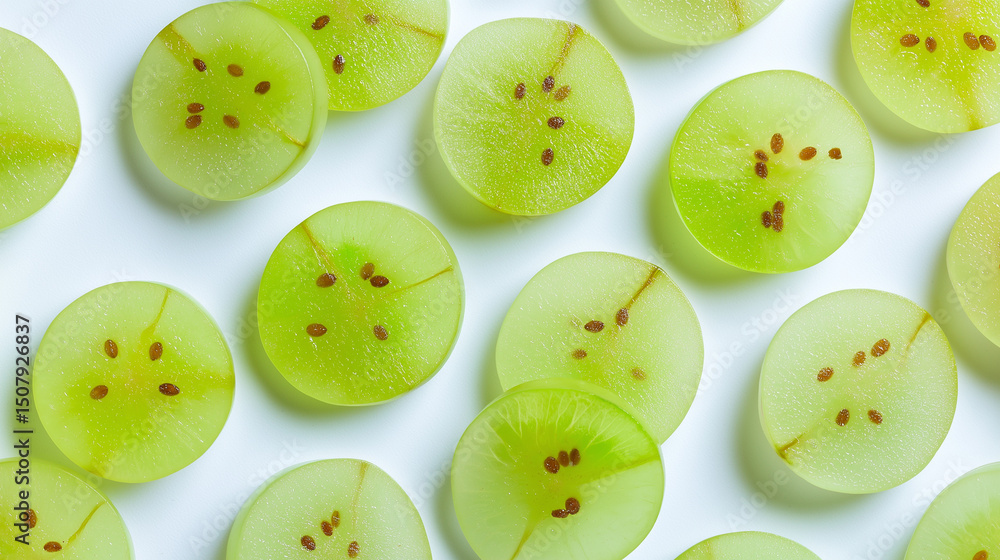 Poster close-up of halved green gooseberries arranged in a geometric pattern with visible seeds and shadows