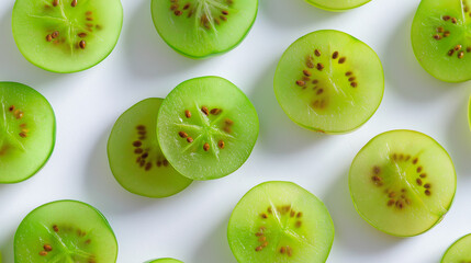Fototapeta premium Close-up of halved green gooseberries arranged in a geometric pattern with visible seeds and shadows. 