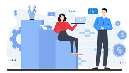 Businesswoman using laptop on blue platform with man nearby. Suitable for technology, business, teamwork, collaboration, and office concepts.