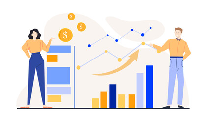 Man and woman pointing at upward graph. Business growth, teamwork, financial success visuals for presentations, marketing materials, and website graphics.