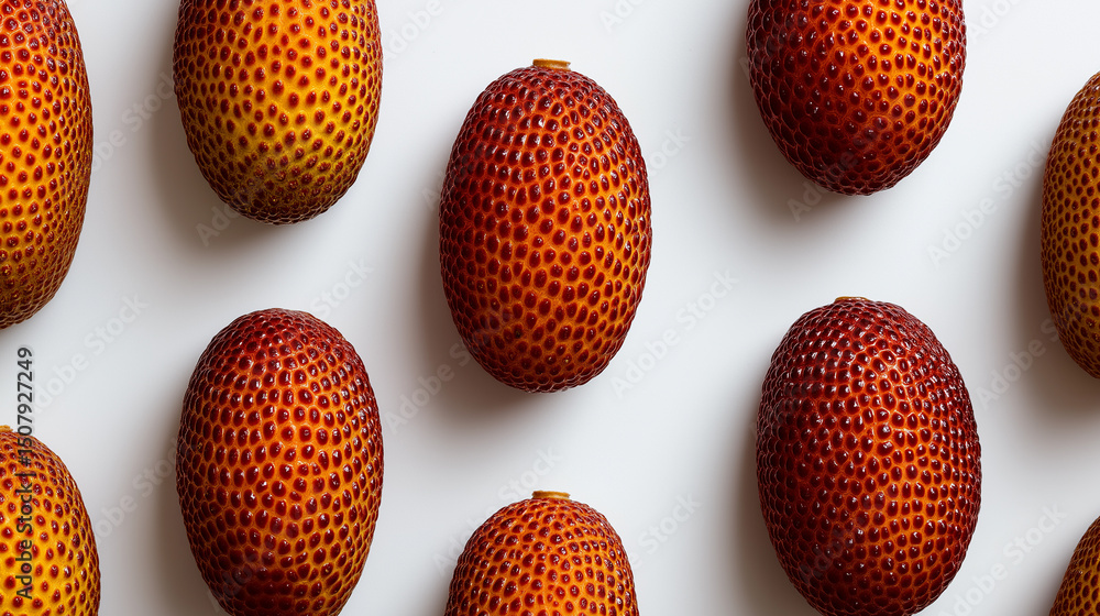 Poster pattern of exotic red-orange lychee fruits arranged in neat rows on a white background.