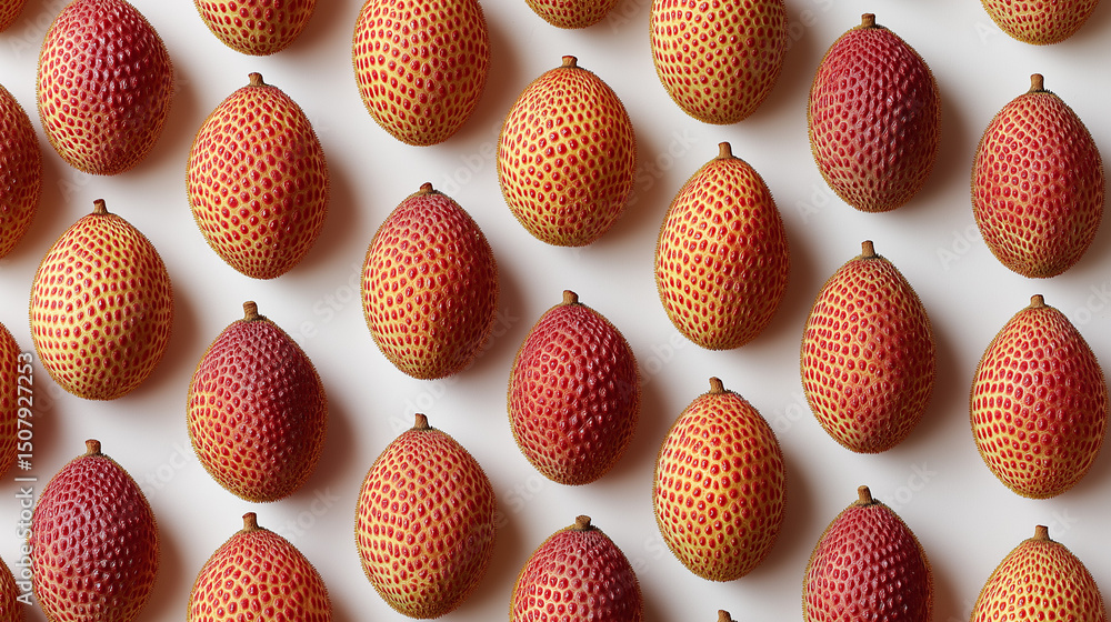 Poster pattern of exotic red-orange lychee fruits arranged in neat rows on a white background.