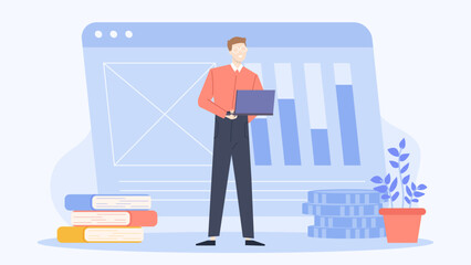 Ideal for financial presentations, business websites, or technology blogs. A man holds a laptop displaying a graph and coins.