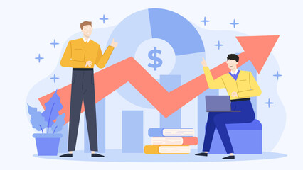 Two men standing with a rising red arrow suitable for business growth concepts, success, achievement, motivation, teamwork, and competition.