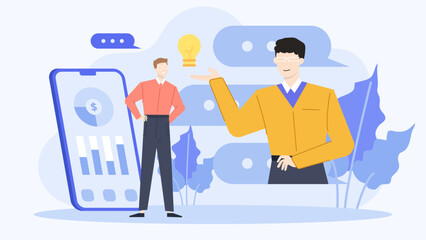 Two people discussing business idea with smartphone showing graphs, suitable for presentations, marketing materials, and financial articles or blogs.