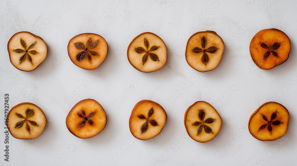 Poster sliced brown exotic fruits with visible star-shaped seed patterns arranged in a minimal grid on a li