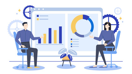 Two people analyzing data charts, suitable for business presentations or financial reports, discussing statistics and trends in visual form.