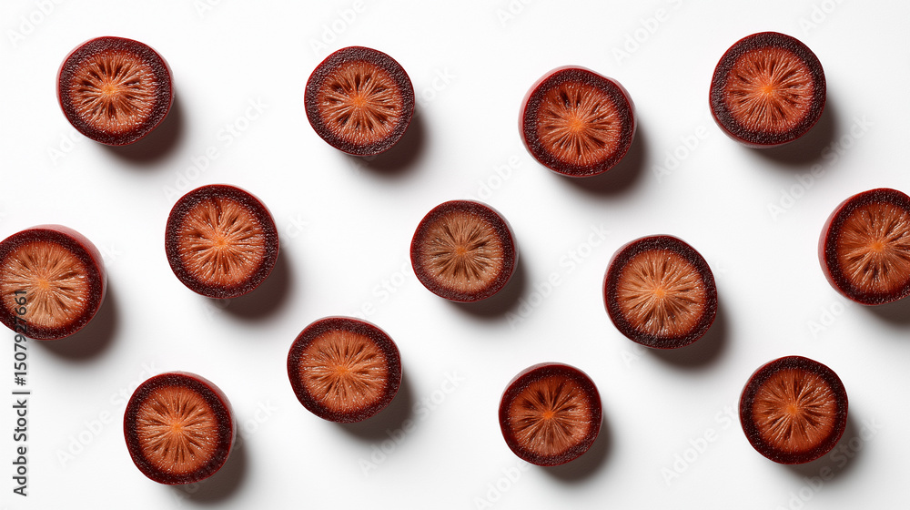 Poster top view of evenly spaced slices of dark red tomato arranged in a clean pattern on a white backgroun