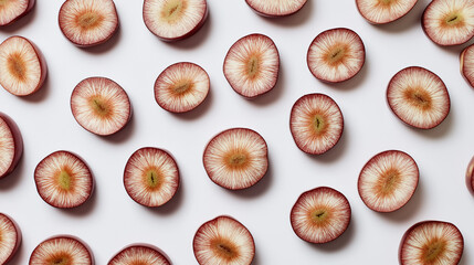 Top view of evenly spaced sliced red kiwi fruits displaying their unique pattern on a white background.  
