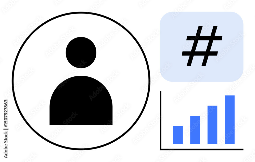 Poster minimalist visual with user icon, metadata tag in speech bubble, and vertical bar chart. ideal for s
