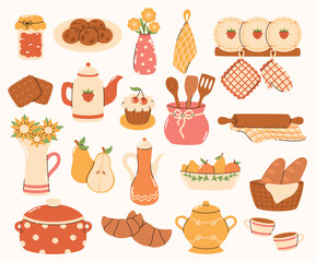 Large set of kitchen elements. Saucepan, shelf with plates, teapots, cookies, croissants, sugar bowl. Flat vector illustration.