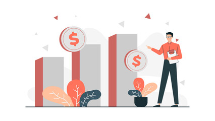 Man points at a bar graph with dollar signs, suitable for finance, business, investment themes in presentations, articles, and advertisements.