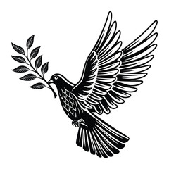 Black silhouette of a dove flying with an olive branch in its beak, symbolizing peace, hope, and harmony in a simple and powerful minimalist design.
