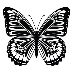 A graceful butterfly silhouette with delicate wings spread wide, capturing the essence of beauty and freedom in a simple, elegant black shape.
