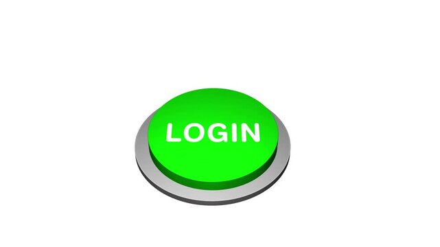 Pressing 3d Login round button animation on white and green background. Round button with the word Login. pushing Login Button Animation. 3d big Pressing Login button
