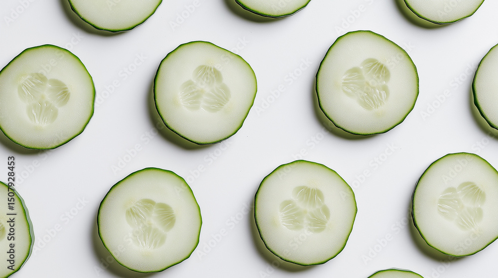Poster sliced cucumbers arranged in a minimal and clean pattern on a white background.