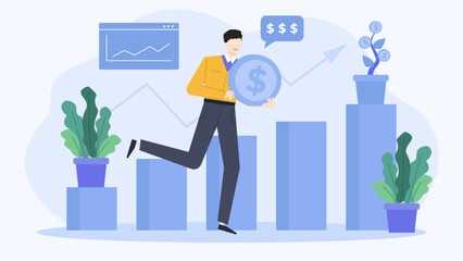 Man carrying a large coin, running towards a money tree. Ideal for financial concepts, investments, success, abundance, and growth themes.