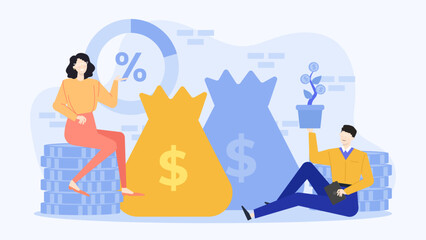 Two people with money bags and coins, symbolizing success, financial partnership, savings, investments, teamwork, wealth management strategies visuals.