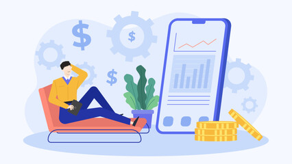 Man on a couch, examining phone displaying financial graph and coins. Suitable for business, finance, investment or technology concepts.