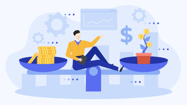 Man sitting on a seesaw with coins and a money plant, ideal for finance concepts, investment, savings, wealth management designs.