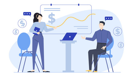 Two people collaborating on financial information using a whiteboard, suitable for presentations, business meetings, teamwork concepts, and financial analysis.