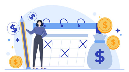 Woman standing by a calendar with a pencil and money bags. Suitable for financial planning, budgeting, time management concepts in marketing.