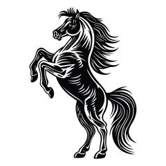 Silhouette of a powerful black mustang horse rearing up on its hind legs, exuding wild energy, strength, and untamed spirit against a bold, contrasting backdrop.
