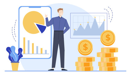 Man presenting financial data and coins, perfect for finance presentations, investment websites, banking reports, business articles, and money related designs.