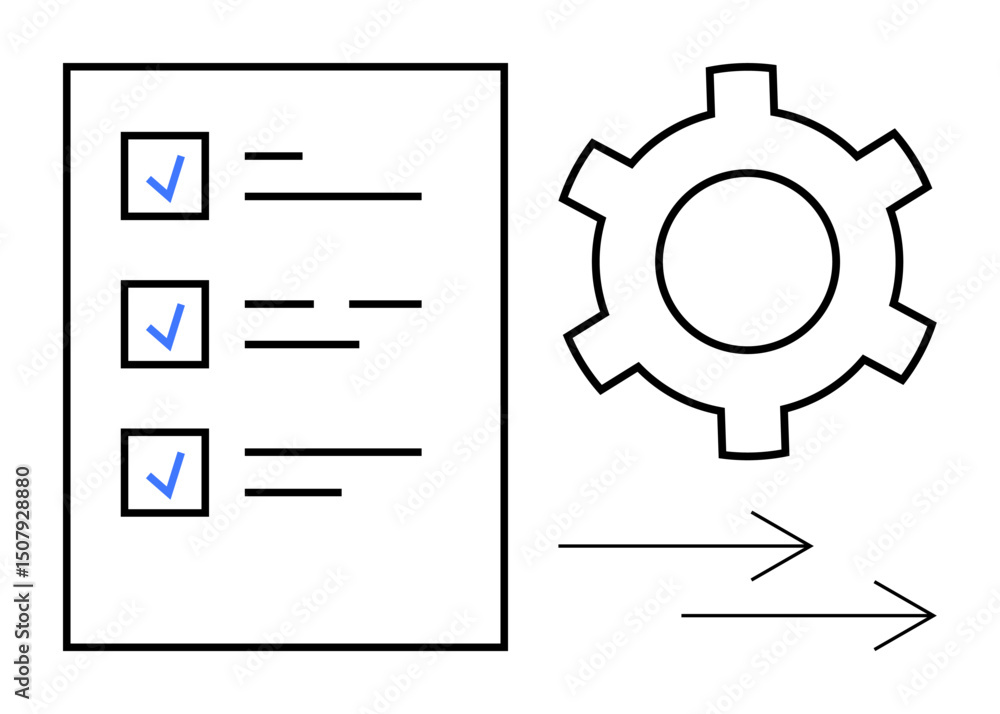 Poster checklist with blue checkmarks beside tasks and a gear symbol with arrows. ideal for project managem