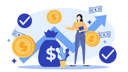 Woman pointing at upward blue arrow with dollar signs and money bag