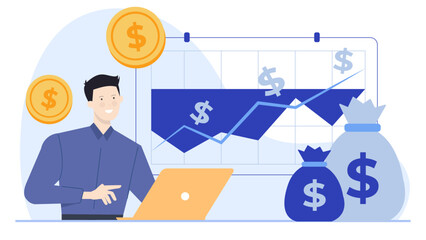 Man working on his laptop and looking at a financial chart. Suitable for business presentations, financial articles, and investment related materials.