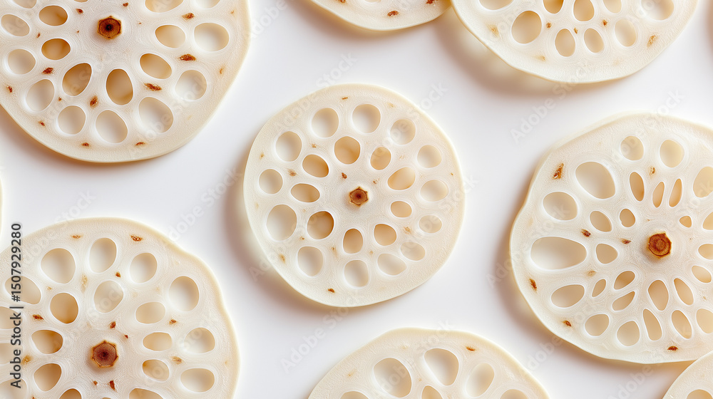 Aufkleber sliced lotus root with perforated pattern arranged on a white background.