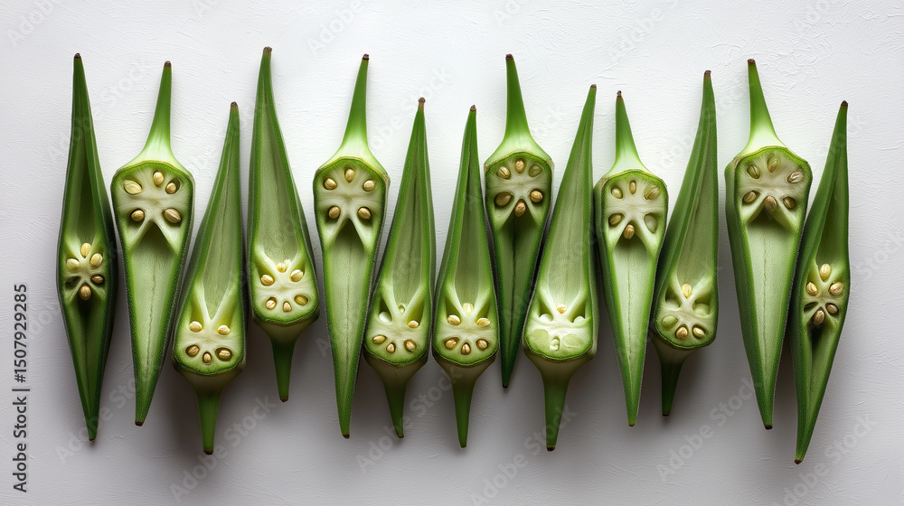 Poster whole and halved okra pods arranged in an alternating pattern on a white background.