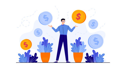 Man juggling dollar coins with plants, suitable for finance, business, investments, and Eco conscious themes in presentations, websites, and marketing materials.