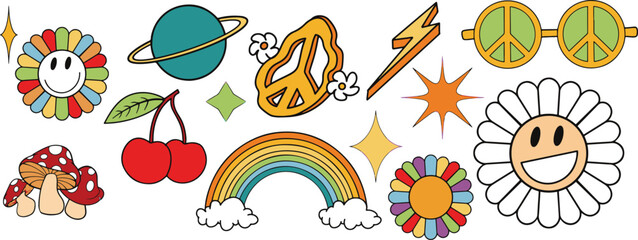 groovy illustration hand drawn element rainbow, peace glasses, flash, planet and flowers