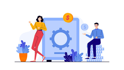 Business partners woman beside digital gear, man on money stack. Suitable for finance, technology, teamwork concepts in presentations, articles, websites.