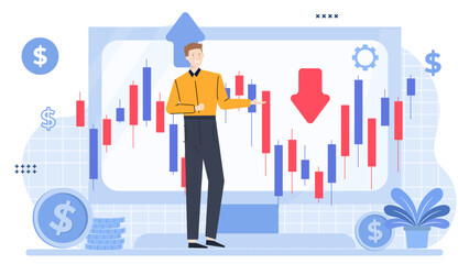 Man pointing at a downward trending stock chart. Ideal for financial presentations, business articles, and marketing materials related to economic downturns.
