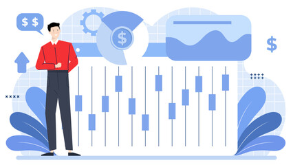 Man standing near money chart, financial concept, analyzing data, business presentation, investment strategy, economic growth, market research, financial report.