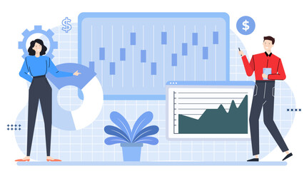 Obraz premium Man and woman analyzing graphs together with a plant in the background. Suitable for business presentations and financial reports.