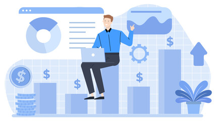 Man with a laptop sits on a bar graph, depicting data analysis or working remotely. Suitable for business or technology concepts.
