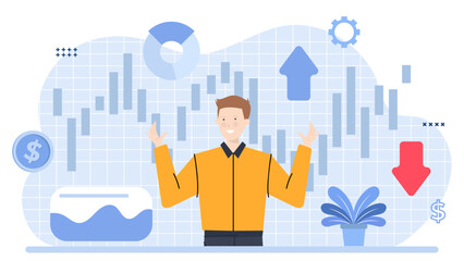 Man presents data on chart with graphs and arrows. Suitable for business presentations, financial reports, data analysis concepts, and professional analyses.