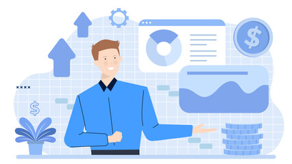 a businessman presentation with graphic chart and coin stacks illustration