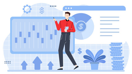 Man pointing at increasing sales graph, perfect for business presentations, marketing materials, websites, and social media posts.