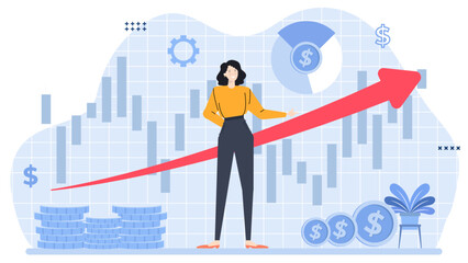 Woman pointing at red arrow showing upward trend on graph. Suitable for business, finance, success concept in presentations, articles, websites.